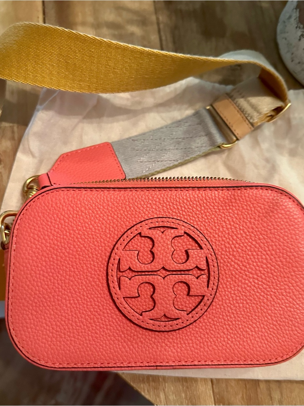 Tory Burch Coral Pebbled Leather Crossbody with Adjustable Strap.